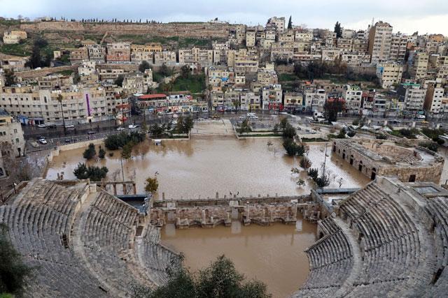 The Roman Theatre after heavy rainfall caused flooding in parts of Amman in February, 2019 (JT file photo)
